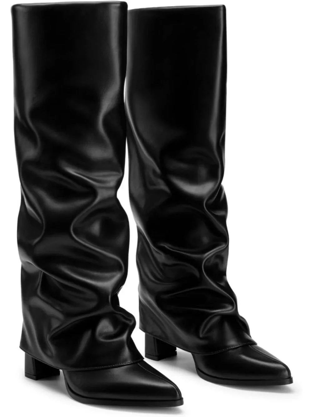 Women's Black Pointed Toe Pu Leather Chunky Heel Fold Over Knee High Boots